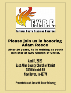 Adams retirement party on april first at 4 p m at the church building